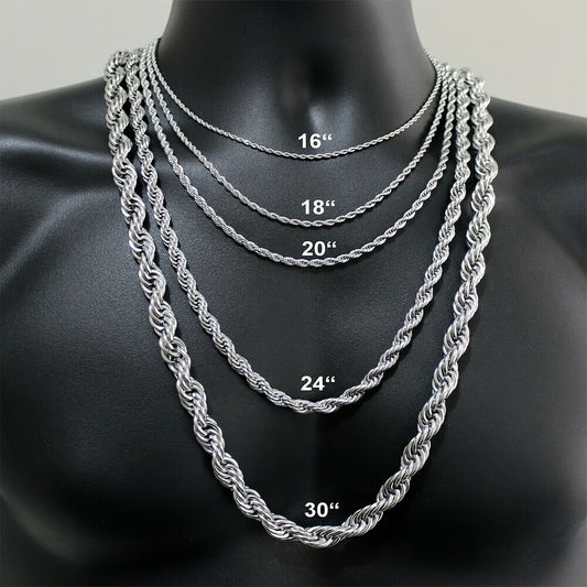 Necklace for Women - Rope Chain 316L Stainless Steel 5mm 7mm Silver 16 to 30 Inch Unisex Rope - main product view