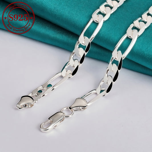 Necklace for Women - Sterling Silver Figaro Chain 925 8mm Wide Bold Italian Link Unisex High - main product view