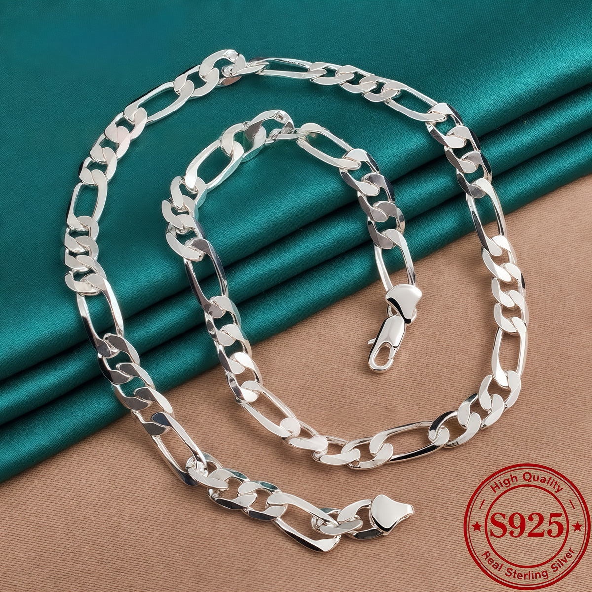 Necklace for Women - Sterling Silver Figaro Chain 925 8mm Wide Bold Italian Link Unisex High - product detail view 3