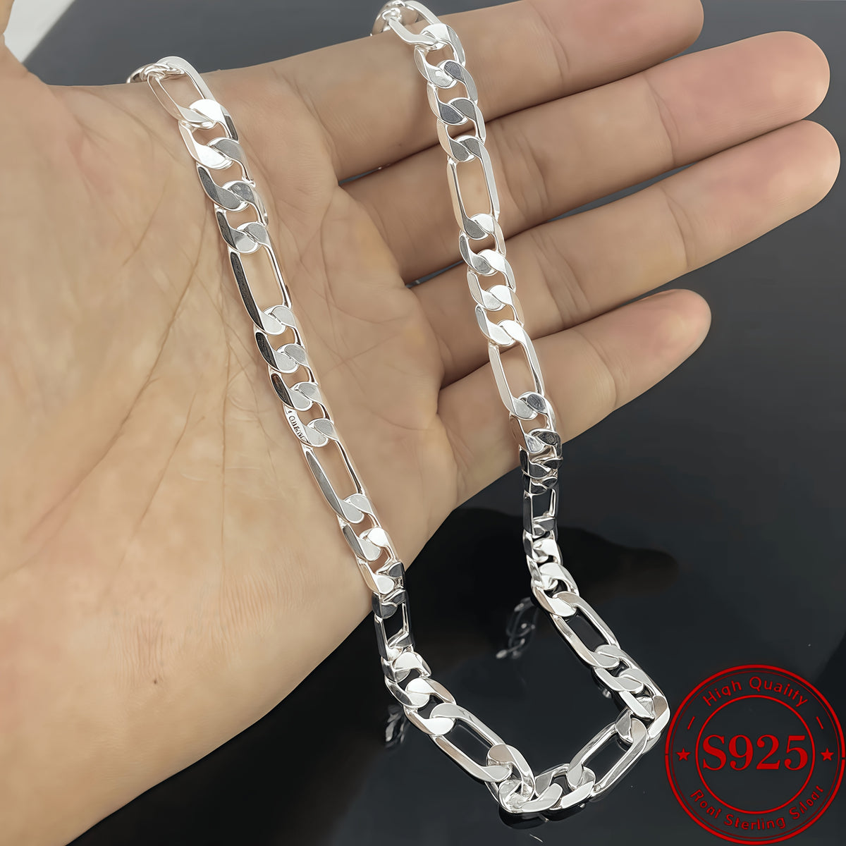 Necklace for Women - Sterling Silver Figaro Chain 925 8mm Wide Bold Italian Link Unisex High - product detail view 12