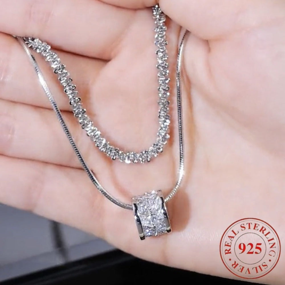 Necklace for Women - Sterling Silver Layered for - S925 Double Layer Clavicle Chain with Cubic - product detail view 2