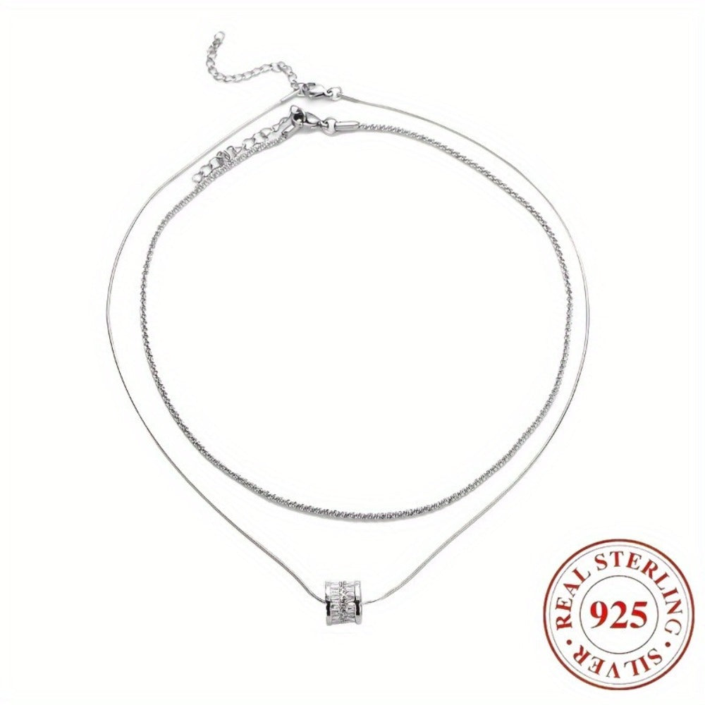Necklace for Women - Sterling Silver Layered for - S925 Double Layer Clavicle Chain with Cubic - product detail view 7