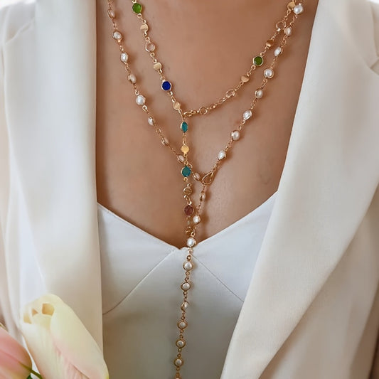 Necklace for Women - Y Set 2pcs for Rhinestone & Faux Pearl Layered , Elegant Lariat Style - main product view