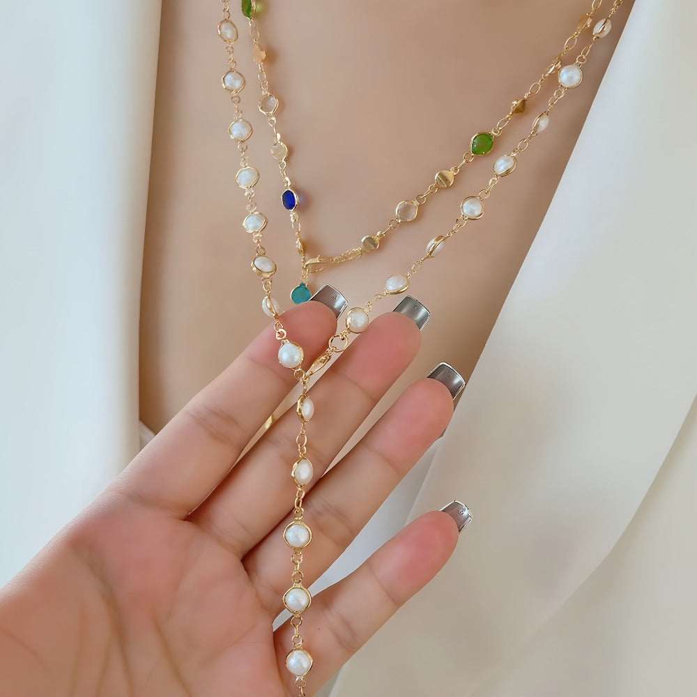 Necklace for Women - Y Set 2pcs for Rhinestone & Faux Pearl Layered , Elegant Lariat Style - product detail view 2