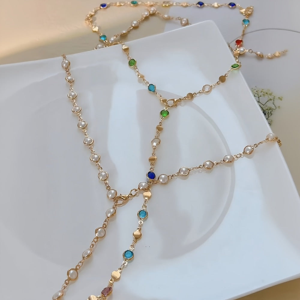 Necklace for Women - Y Set 2pcs for Rhinestone & Faux Pearl Layered , Elegant Lariat Style - product detail view 3