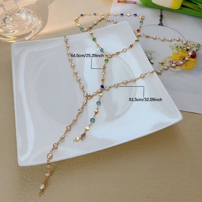 Necklace for Women - Y Set 2pcs for Rhinestone & Faux Pearl Layered , Elegant Lariat Style - product detail view 5