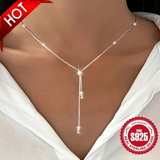 Necklace for Women - Y-Shape 925 Sterling Silver Adjustable Bead Slider Hypoallergenic - main product view