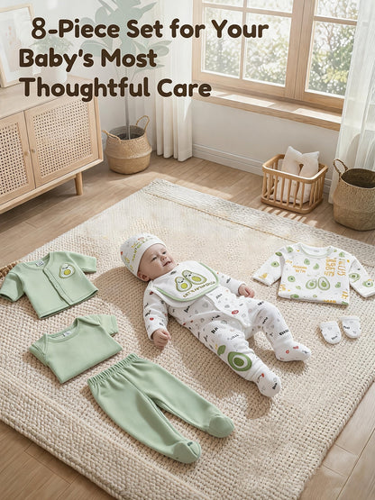 Newborn 8-Piece Avocado Outfit Set - Romper Hat Bib Pants and Coat – view 2