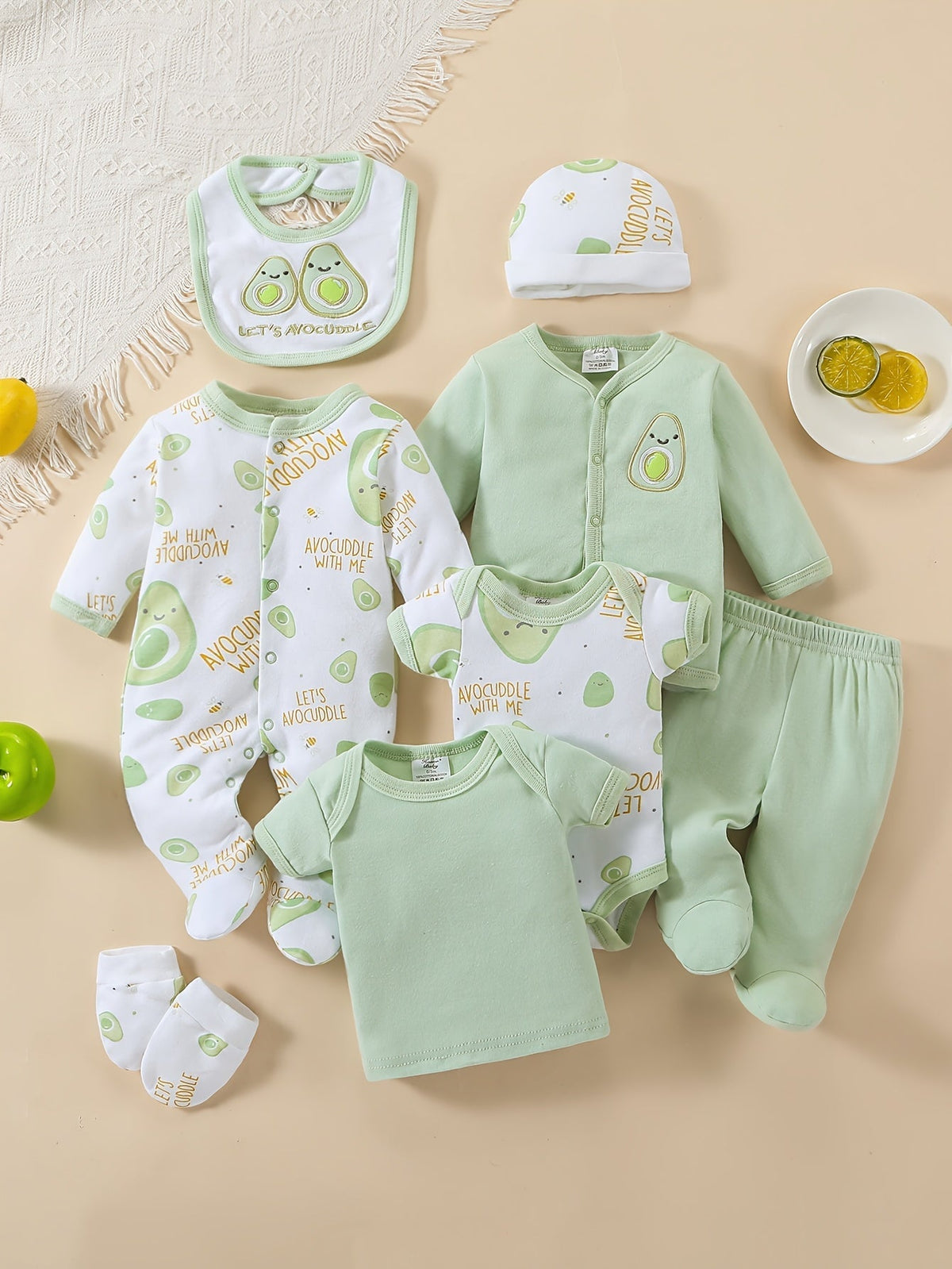 Newborn 8-Piece Avocado Outfit Set - Romper Hat Bib Pants and Coat – view 14