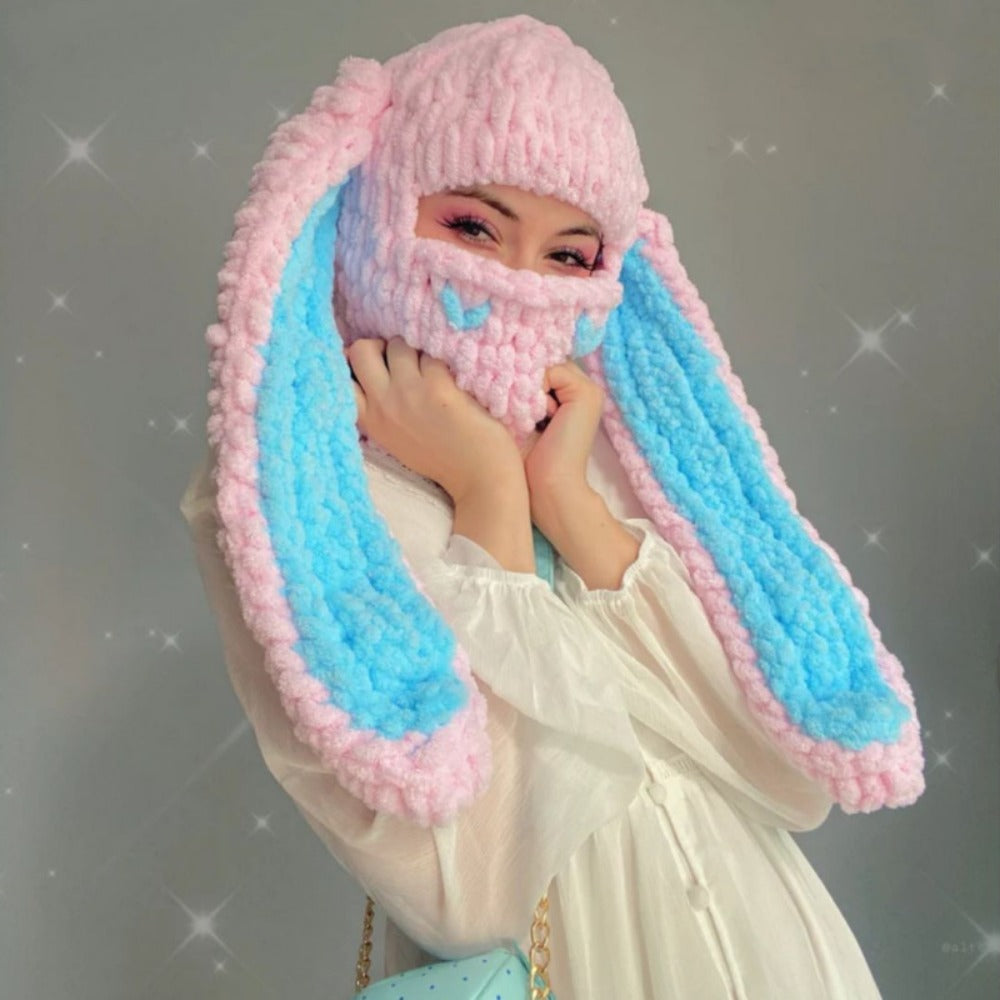 Novelty Hat - Bunny Ears Hood for Women Wool Knit Warm Hooded Balaclava Punk Sweet Cool - product detail view 5