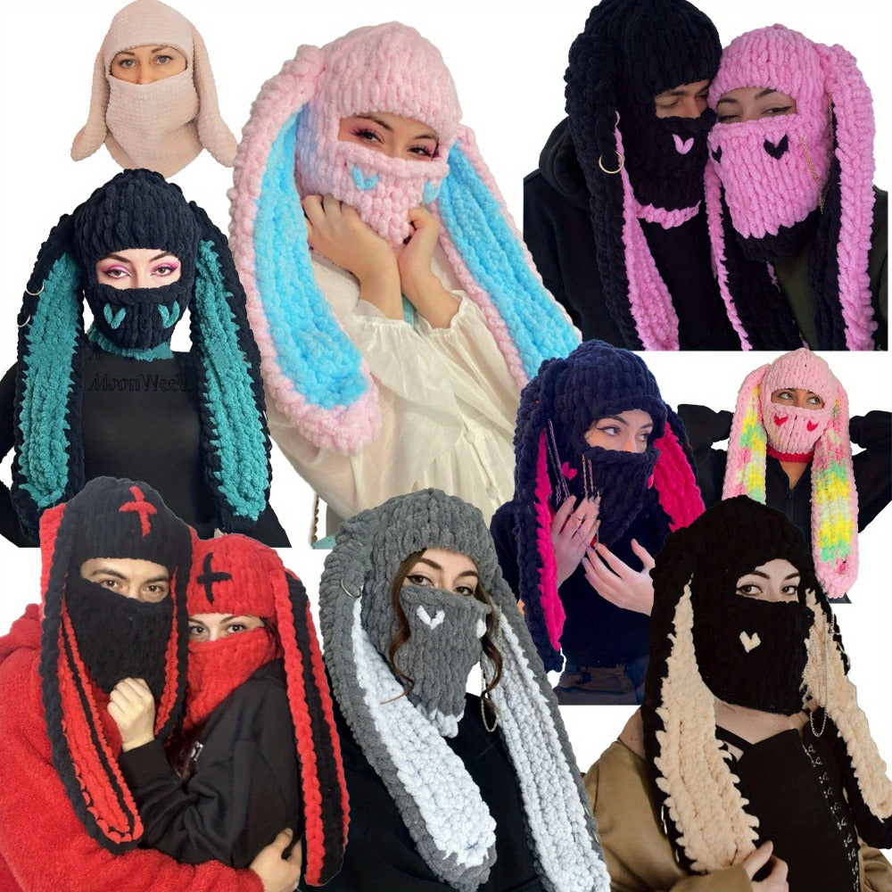 Novelty Hat - Bunny Ears Hood for Women Wool Knit Warm Hooded Balaclava Punk Sweet Cool - product detail view 8