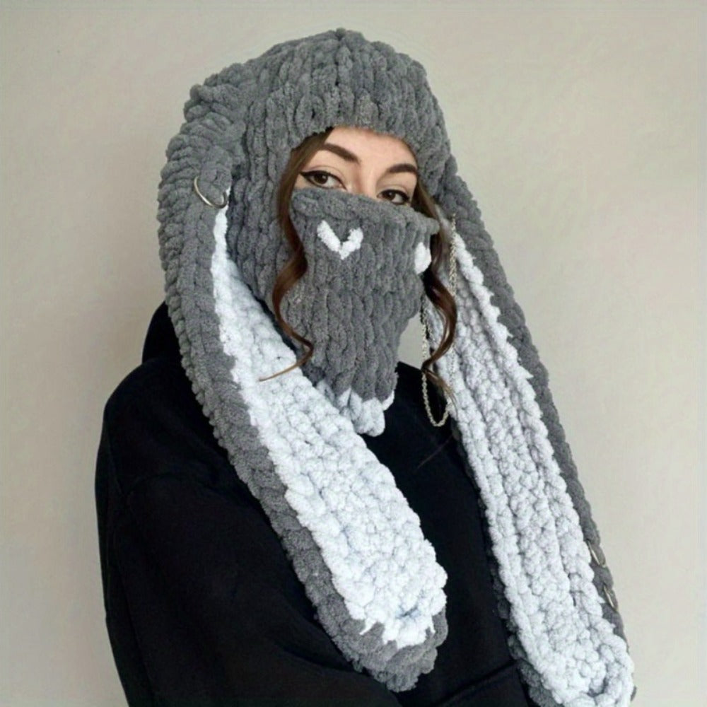 Novelty Hat - Bunny Ears Hood for Women Wool Knit Warm Hooded Balaclava Punk Sweet Cool - product detail view 9