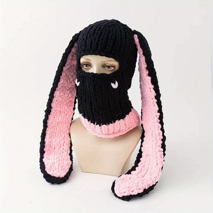 Novelty Hat - Bunny Ears Hood for Women Wool Knit Warm Hooded Balaclava Punk Sweet Cool - product detail view 15