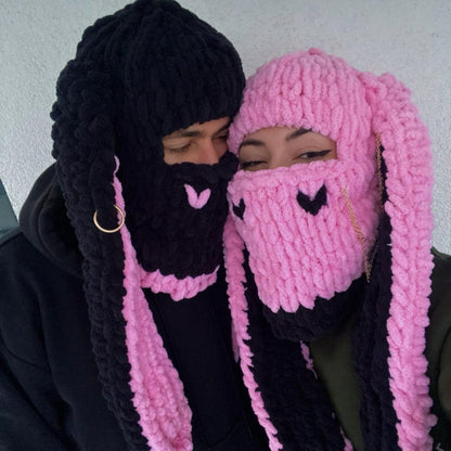 Novelty Hat - Bunny Ears Hood for Women Wool Knit Warm Hooded Balaclava Punk Sweet Cool - product detail view 18