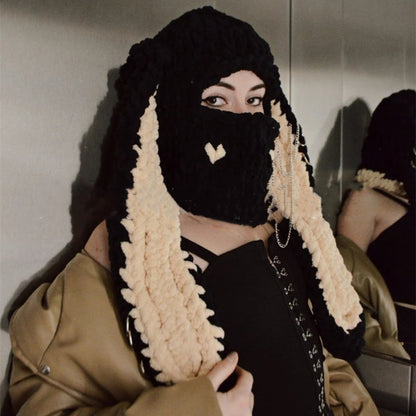 Novelty Hat - Bunny Ears Hood for Women Wool Knit Warm Hooded Balaclava Punk Sweet Cool - product detail view 19