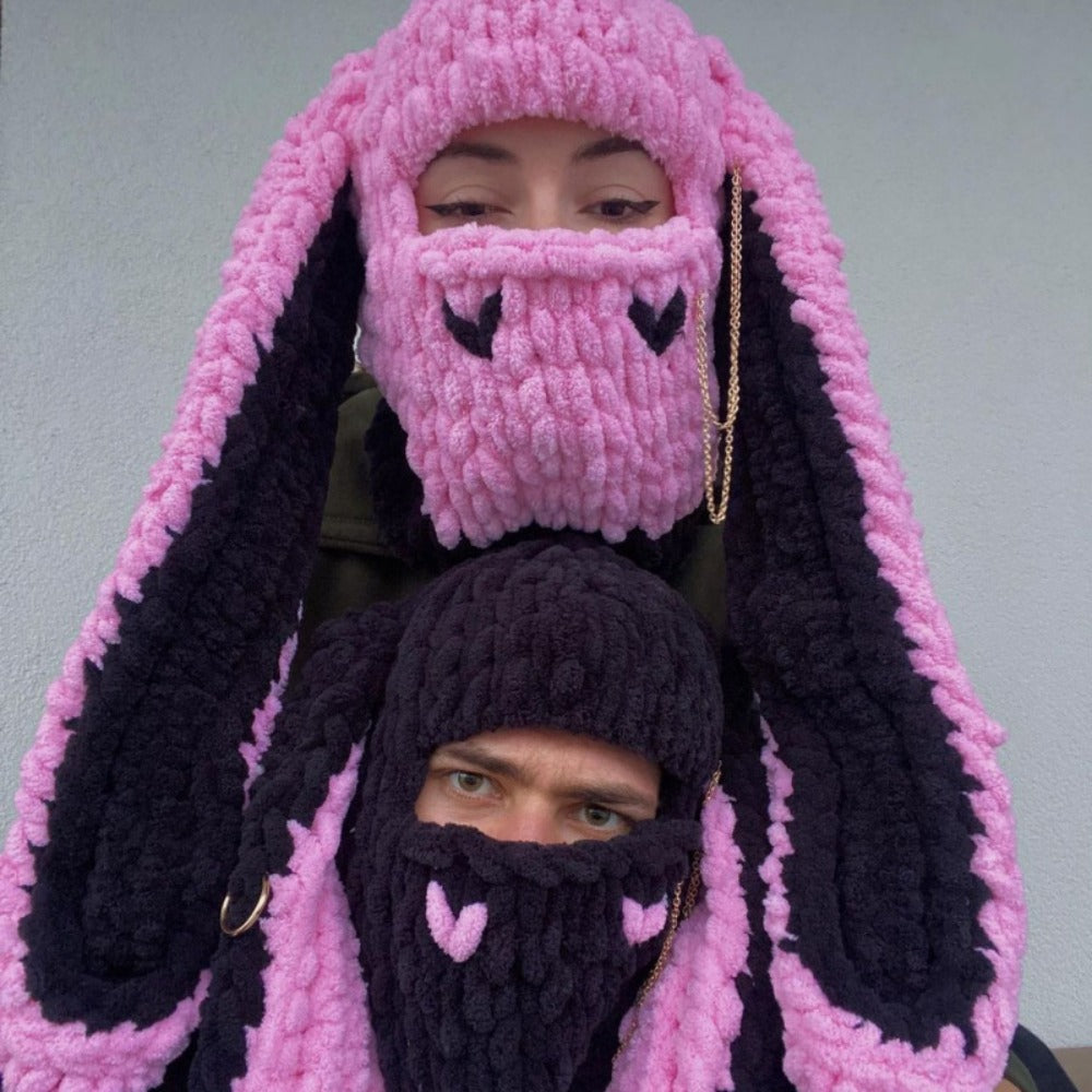 Novelty Hat - Bunny Ears Hood for Women Wool Knit Warm Hooded Balaclava Punk Sweet Cool - product detail view 20