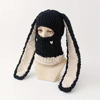 Novelty Hat - Bunny Ears Hood for Women Wool Knit Warm Hooded Balaclava Punk Sweet Cool - product detail view 23