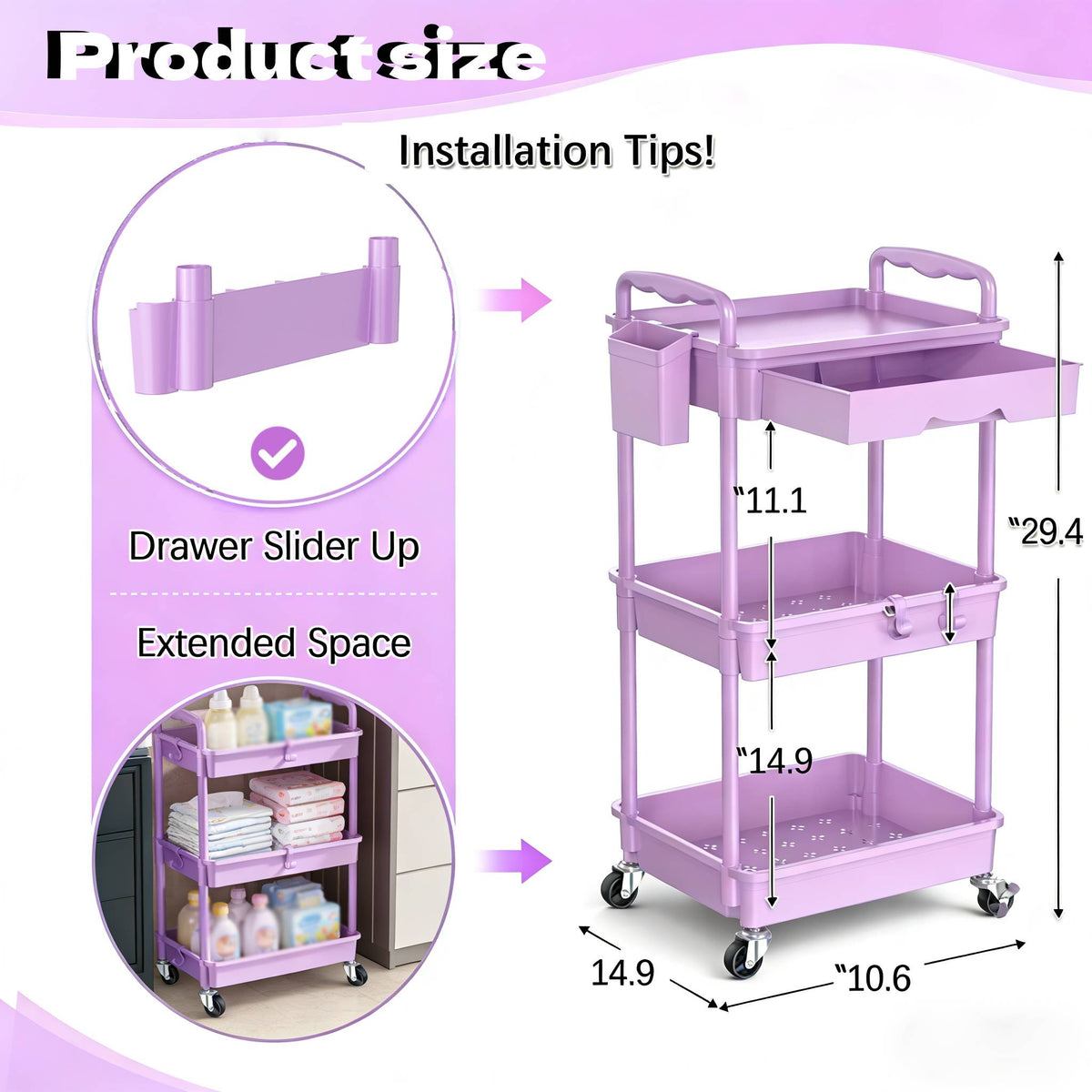 Nursery Storage Cart - Mobile 3-Tier Organizer – view 3