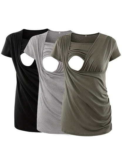 Nursing Shirt 3-Pack - Ruched Short-Sleeve Breastfeeding Tops – grey option – view 2