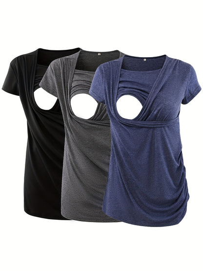 Nursing Shirt 3-Pack - Ruched Short-Sleeve Breastfeeding Tops – grey option – view 4