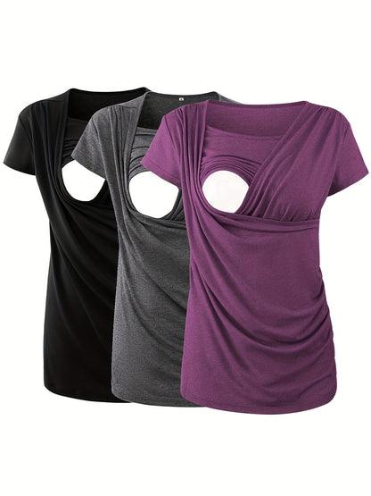 Nursing Shirt 3-Pack - Ruched Short-Sleeve Breastfeeding Tops – grey option – view 9