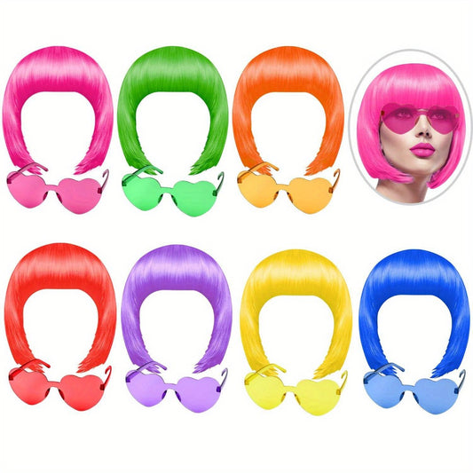 Party Supplies - Wig and Sunglasses Set 14-16 Pieces - Neon Colorful Short Bob Wigs with - main product view