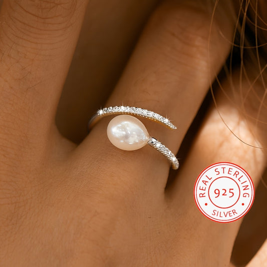 Pearl Ring for Women - 925 Silver Pearl Bypass, Crystal Accent - 925 silver detail