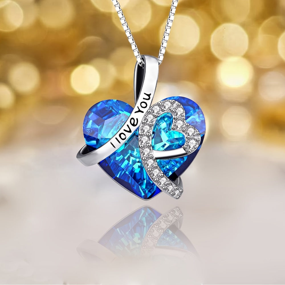 Pendant Necklace - 925 Sterling Silver Heart - Blue Crystal I Love You Forever Engraved - product detail view 2