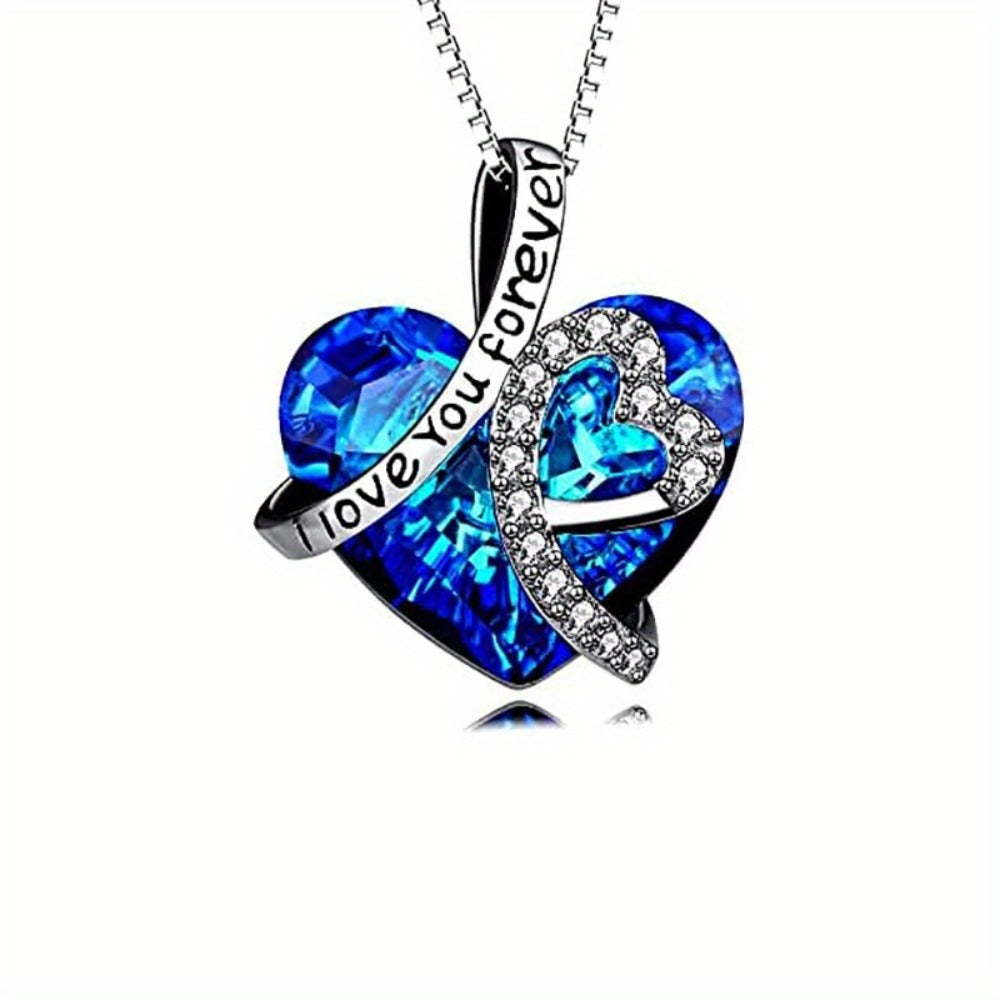 Pendant Necklace - 925 Sterling Silver Heart - Blue Crystal I Love You Forever Engraved - product detail view 3