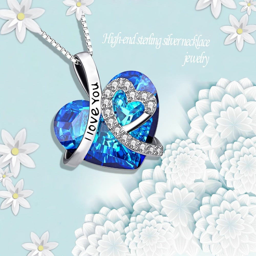 Pendant Necklace - 925 Sterling Silver Heart - Blue Crystal I Love You Forever Engraved - product detail view 5