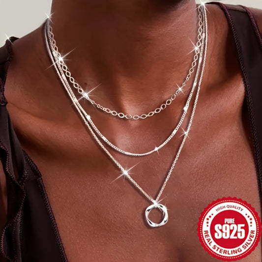 Pendant Necklace - 925 Sterling Silver Layered for Women Multi-Layer Round Disc Coin Stacking - main product view