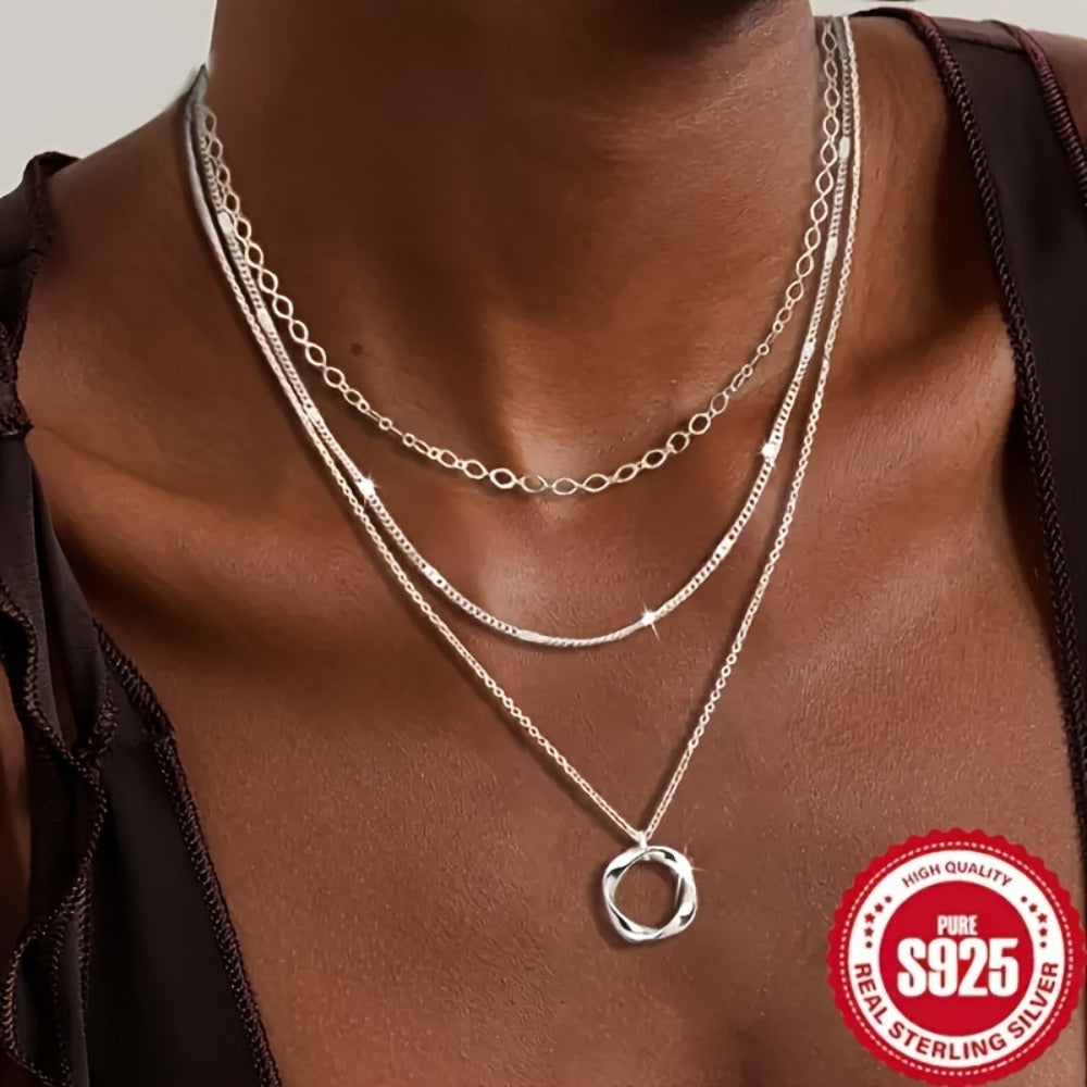 Pendant Necklace - 925 Sterling Silver Layered for Women Multi-Layer Round Disc Coin Stacking - product detail view 2
