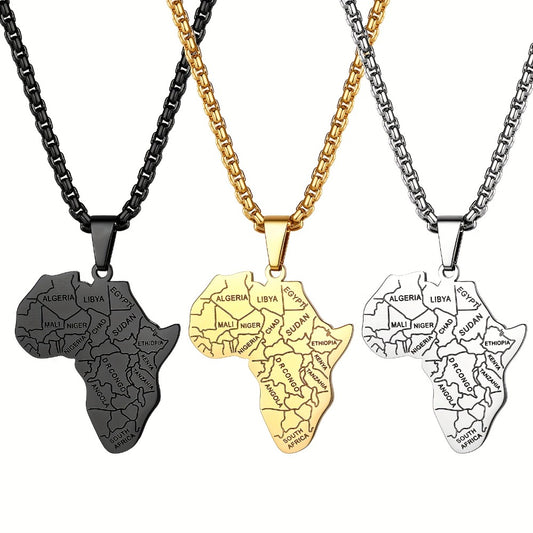 Pendant Necklace - African Map for Men Stainless Steel with Wheat Chain - Classic Gold Silver - main product view