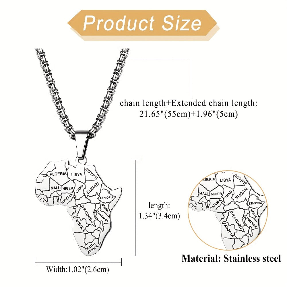 Pendant Necklace - African Map for Men Stainless Steel with Wheat Chain - Classic Gold Silver - product detail view 2