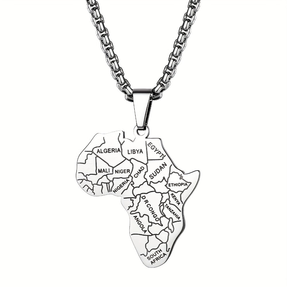 Pendant Necklace - African Map for Men Stainless Steel with Wheat Chain - Classic Gold Silver - product detail view 3