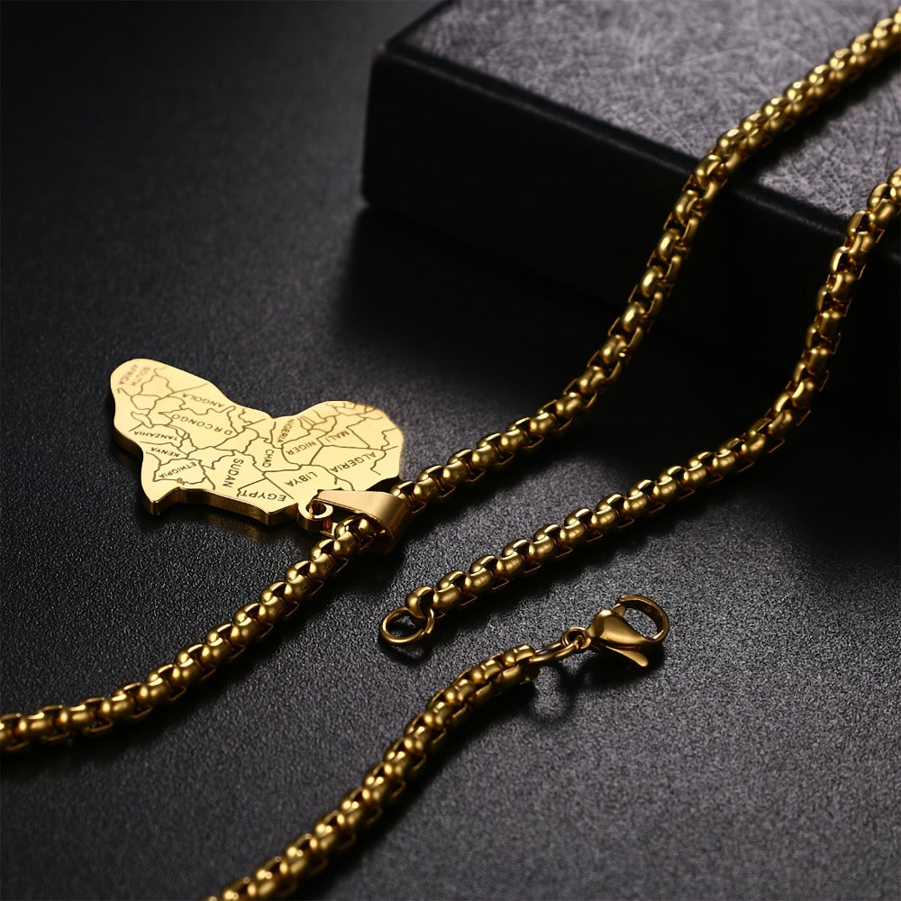 Pendant Necklace - African Map for Men Stainless Steel with Wheat Chain - Classic Gold Silver - product detail view 10