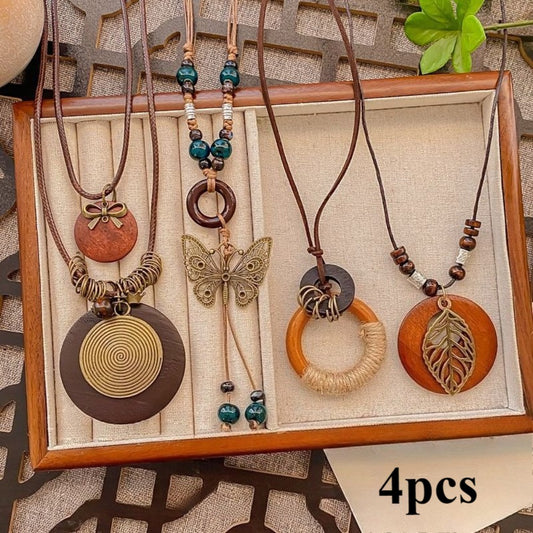Pendant Necklace - Bohemian Set for Women 4pcs Wood & Alloy Butterfly Leaf Bead Disc Charms - main product view