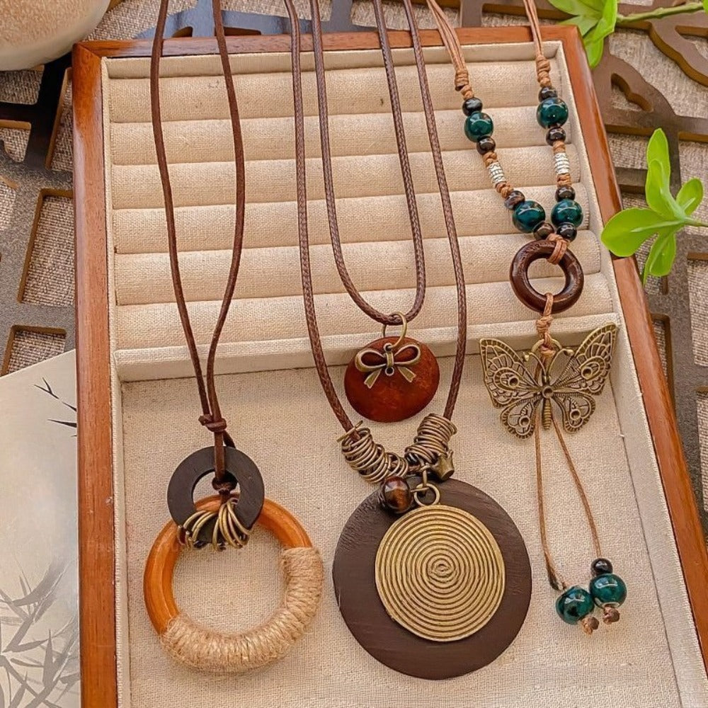 Pendant Necklace - Bohemian Set for Women 4pcs Wood & Alloy Butterfly Leaf Bead Disc Charms - product detail view 4
