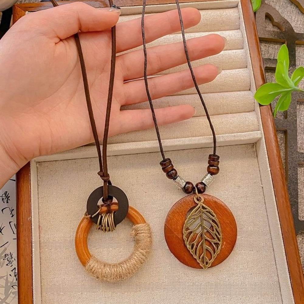 Pendant Necklace - Bohemian Set for Women 4pcs Wood & Alloy Butterfly Leaf Bead Disc Charms - product detail view 5