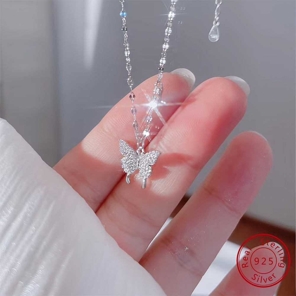 Pendant Necklace - Butterfly 925 Sterling Silver Hypoallergenic Dainty CZ Bling for Women - product detail view 2