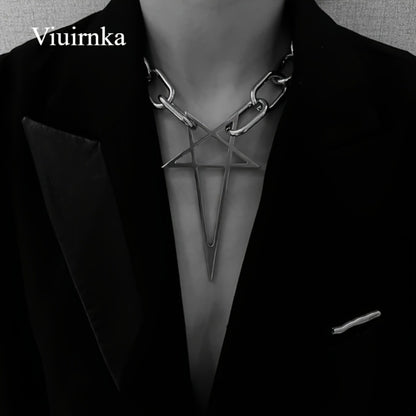 Pendant Necklace - Chunky Chain Choker Punk Hip Hop Silver Thick Lock Five-Pointed Star - main product view