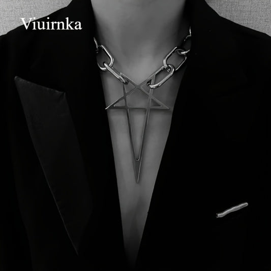 Pendant Necklace - Chunky Chain Choker Punk Hip Hop Silver Thick Lock Five-Pointed Star - main product view