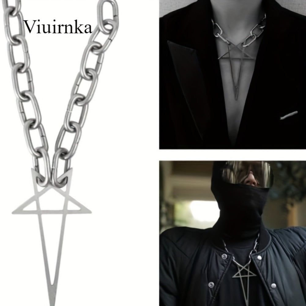 Pendant Necklace - Chunky Chain Choker Punk Hip Hop Silver Thick Lock Five-Pointed Star - product detail view 5