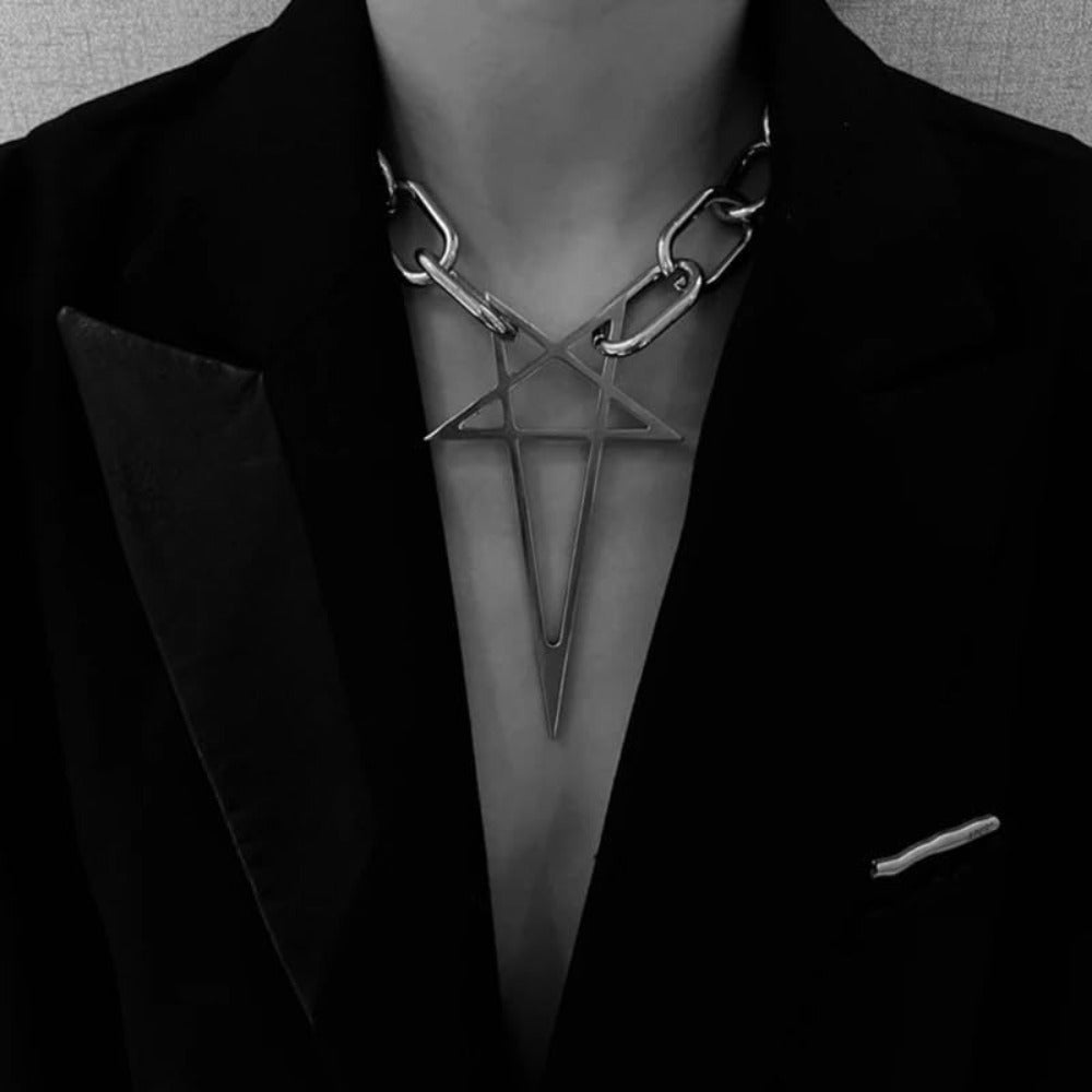 Pendant Necklace - Chunky Chain Choker Punk Hip Hop Silver Thick Lock Five-Pointed Star - product detail view 8