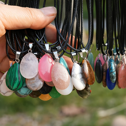 Pendant Necklace - Crystal Set 40 Pcs Natural Multicolor Teardrop Stone Faux Leather Cord - main product view