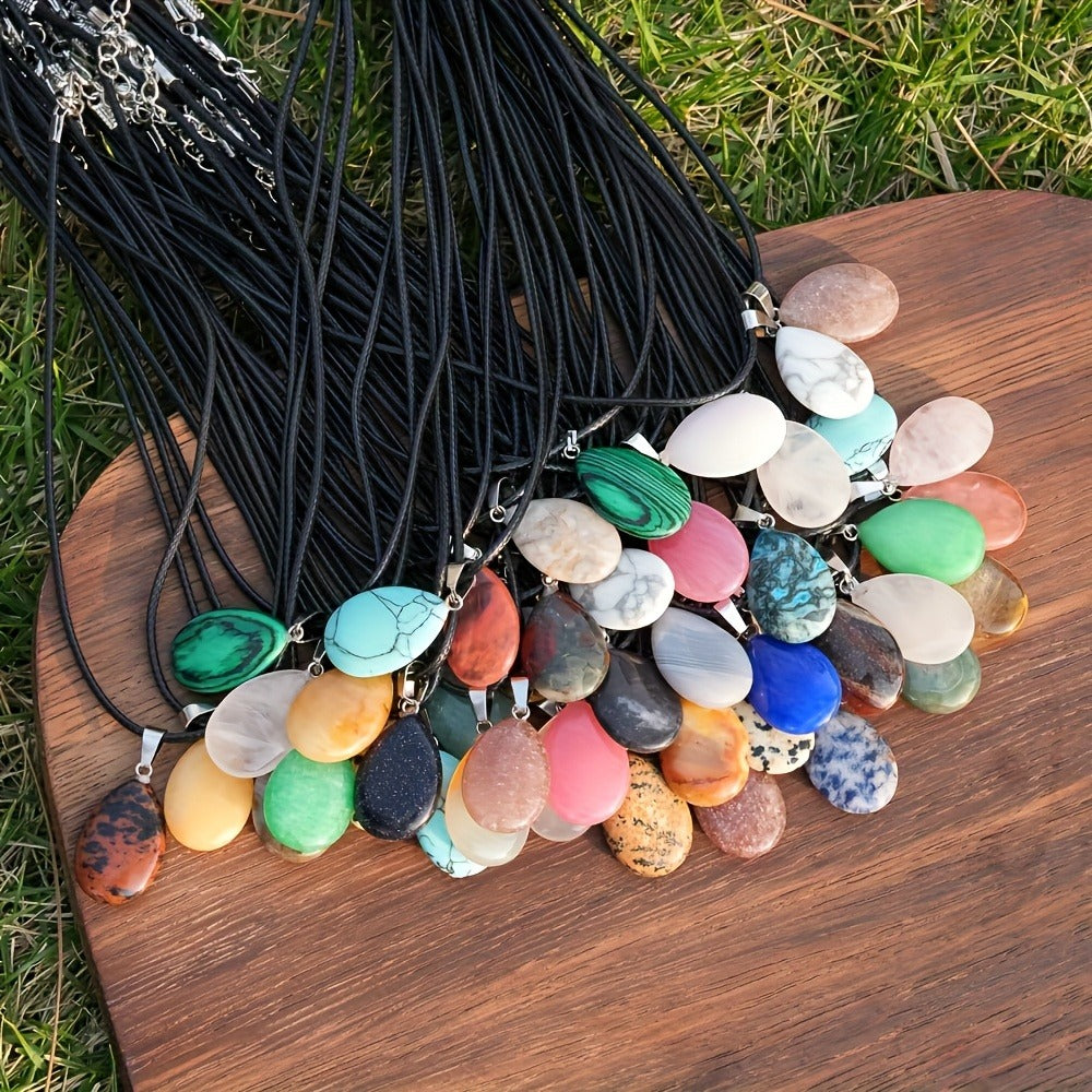 Pendant Necklace - Crystal Set 40 Pcs Natural Multicolor Teardrop Stone Faux Leather Cord - product detail view 4