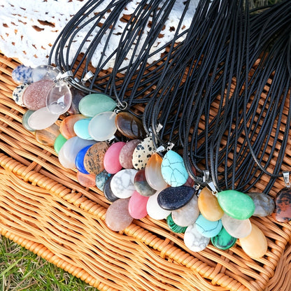 Pendant Necklace - Crystal Set 40 Pcs Natural Multicolor Teardrop Stone Faux Leather Cord - product detail view 6