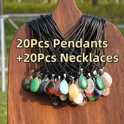 Pendant Necklace - Crystal Set 40 Pcs Natural Multicolor Teardrop Stone Faux Leather Cord - product detail view 9