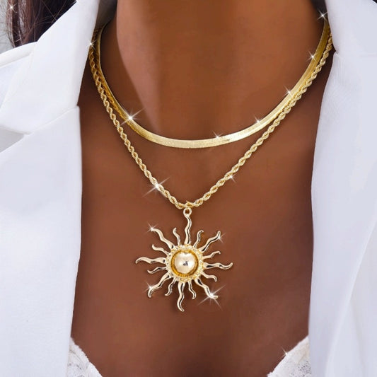 Pendant Necklace - Double Layer Snake Chain with Sun Flame Boho Gold Copper Layered Jewelry - main product view