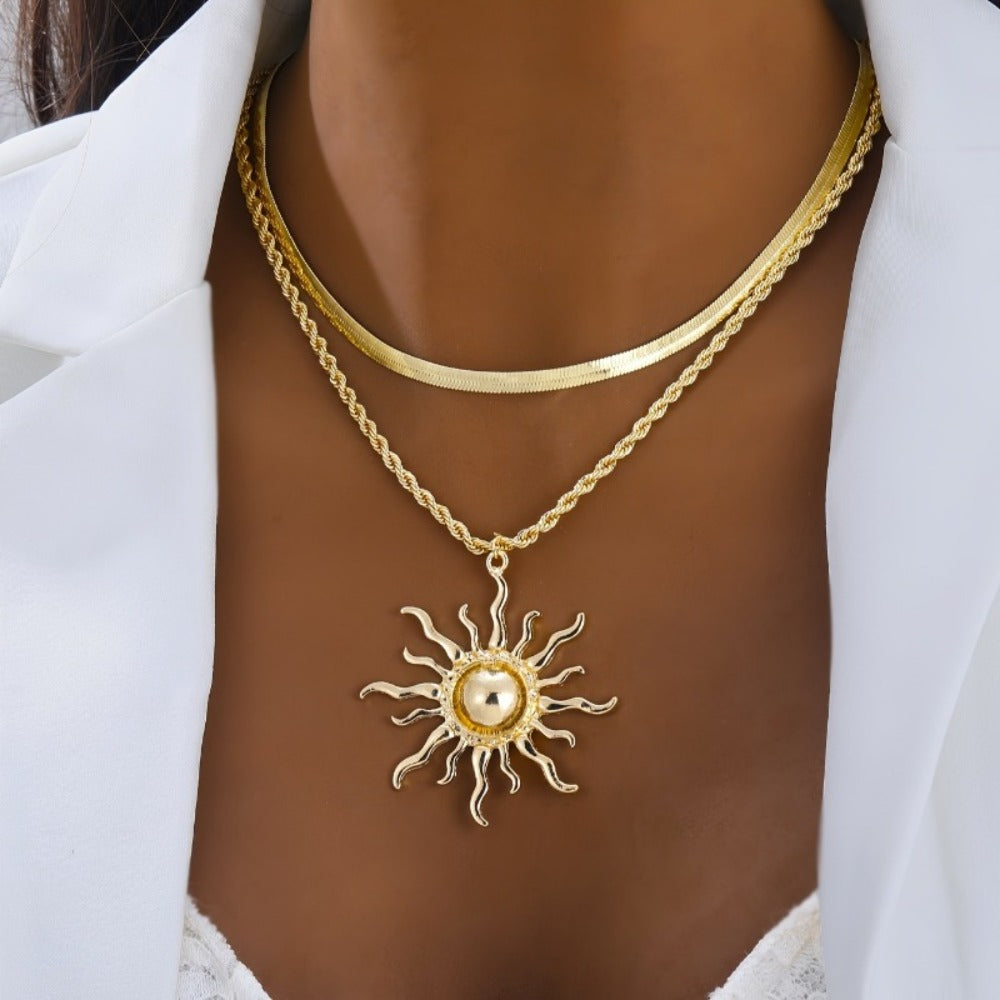 Pendant Necklace - Double Layer Snake Chain with Sun Flame Boho Gold Copper Layered Jewelry - product detail view 4